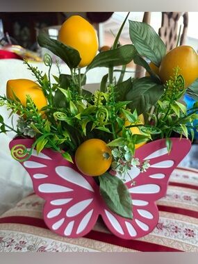 Hand Crafted Pink Butterfly Floral Centerpiece with Yellow Lemon Accents